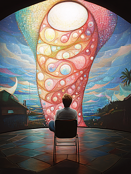 Contemplative Figure Watching Swirling Abstract Art