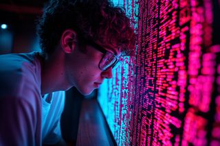 Contemplative Hacker with Digital Screen
