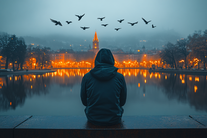 Contemplative Hooded Figure by the Lake at Dusk