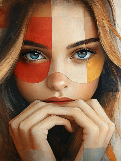 Contemplative Portrait with Geometric Color Blocks