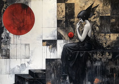 Contemplative Woman with Red Moon