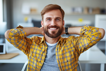 Contented Man Smiling with Hands Behind Head