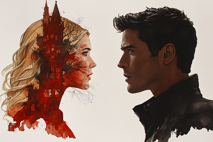 Contrasting Profiles: Woman and Man with Building Silhouette