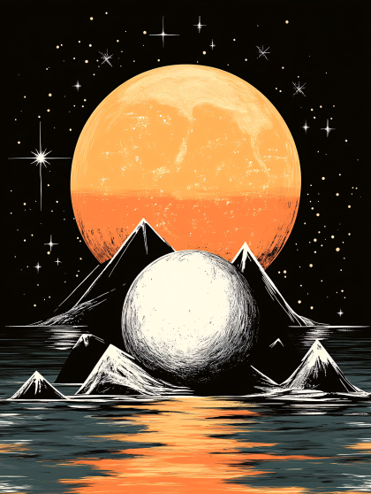 Cosmic Landscape with Orange Moon and Mountains