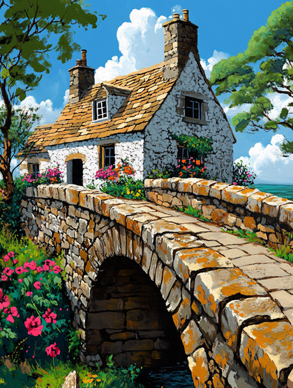 Cottage and Stone Bridge Painting
