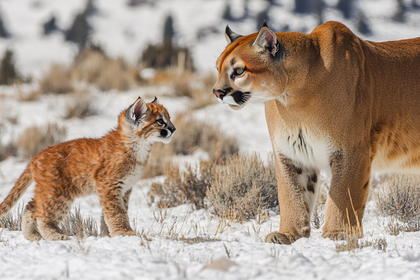 Cougar Mother And Cub In Snow