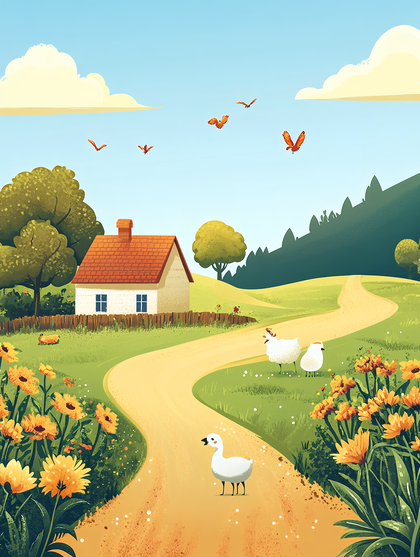 Countryside Home with Animals and Flowers