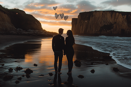 Couple At Sunset Beach With Hearts