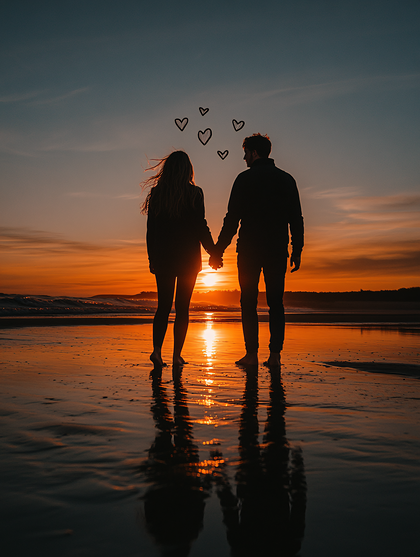 Romantic Couple Silhouette Holding Hands at Sunset on Beach with Hearts