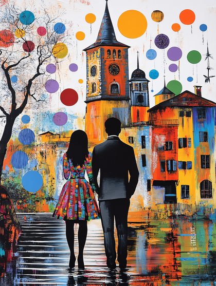 Couple Walking In Colorful City