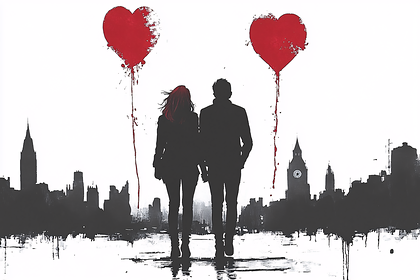 Couple Walking In London With Heart Balloons