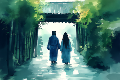 Couple Walking Through Bamboo Gate