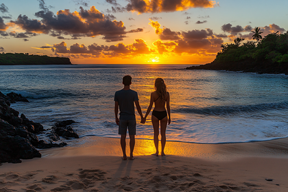Couple Watching Sunset On Beach