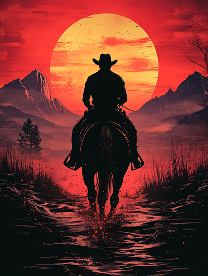 Cowboy On Horseback Sunset