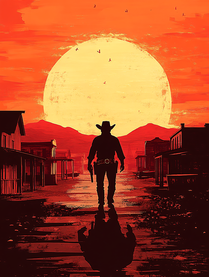 Cowboy Silhouette In Western Town Sunset