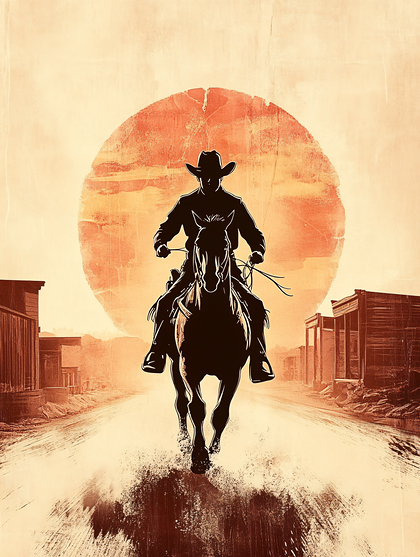 Cowboy Silhouette Riding Through Dusty Town