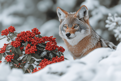 Coyote in Winter Berries