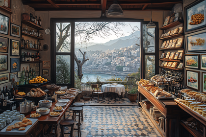 Cozy Bakery Interior with Coastal Vista
