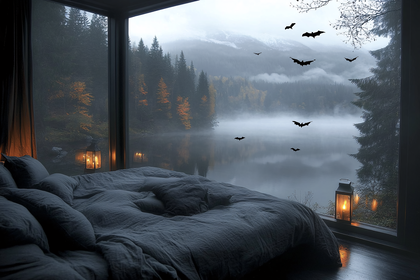 Cozy Bedroom Overlooking Misty Lake at Night