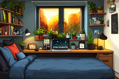 Cozy Bedroom with Desk and Autumn View