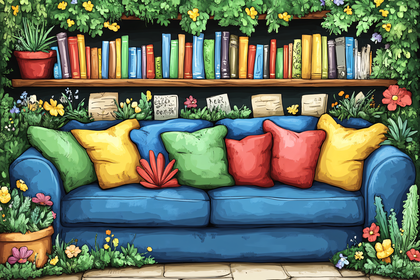 Cozy Bookshelf with Vibrant Pillows