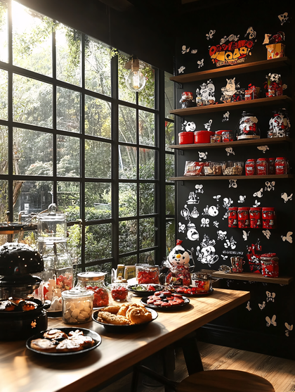 Cozy Cafe Interior With Food And Shelves