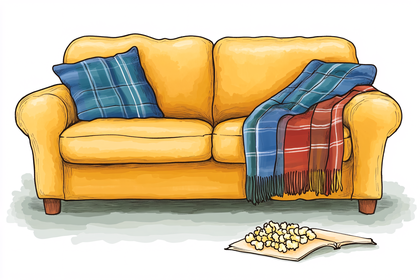 Cozy Couch with Plaid Blanket and Popcorn