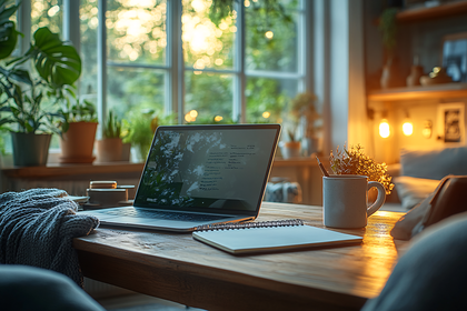 Cozy Home Office Workspace with Laptop and Plants