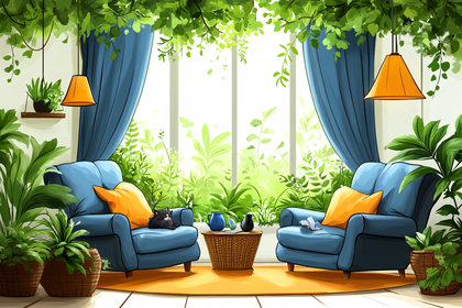 Cozy Indoor Garden Scene With Cat And Armchairs