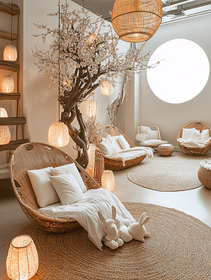 Cozy Interior with Hanging Lamps and Tree