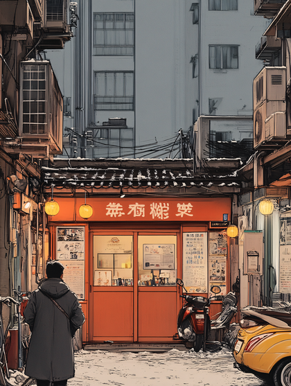Cozy Orange Shopfront in Winter Cityscape