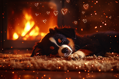 Cozy Puppy by the Fireplace