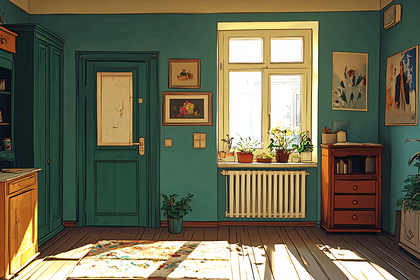 Cozy Room Interior with Plants and Sunlight