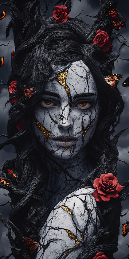 Cracked Beauty with Roses and Butterflies