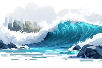 Crashing Wave Near Cityscape
