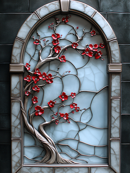 Crimson Blossoms Stained Glass