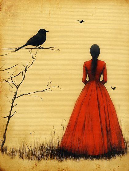 Crimson Dress And Raven
