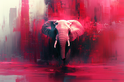 Crimson Elephant in Abstract Cityscape