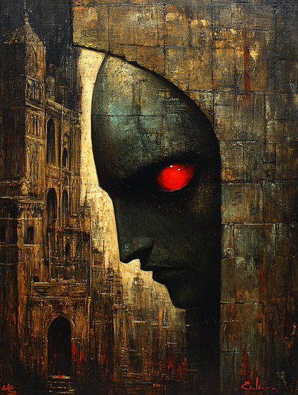 Crimson Gaze Through Ruined City