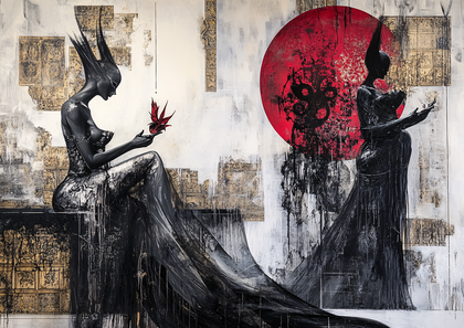 Crimson Moon and Contemplative Figures