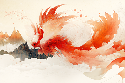 Crimson Phoenix Ascending Over Misty Mountains