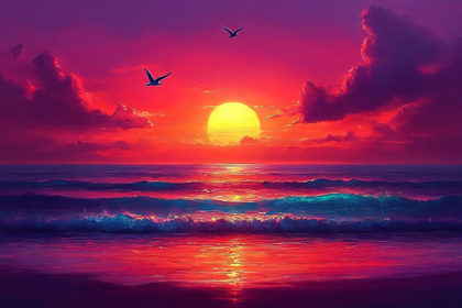 Crimson Sunset Over Ocean