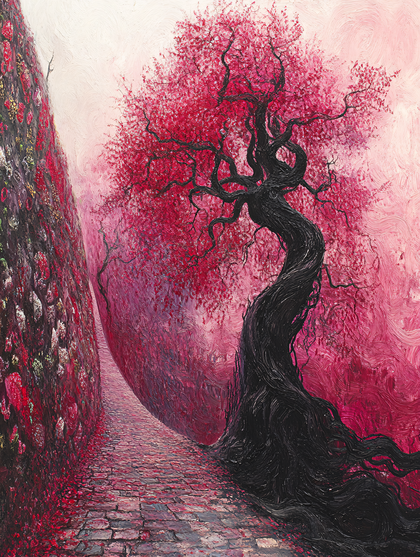 Crimson Tree on Stone Path