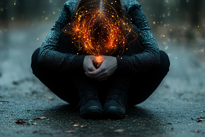Crouching Figure With Fiery Orbs