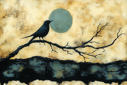 Crow on Branch Under Moonlight