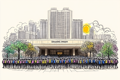 Crowd Gathering at a Modern Building
