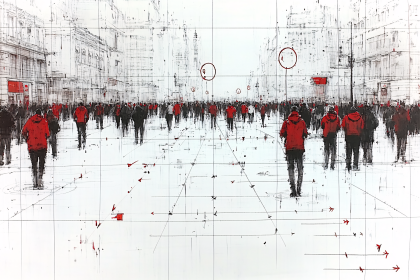 Crowd in Red Coats Amidst City Architecture