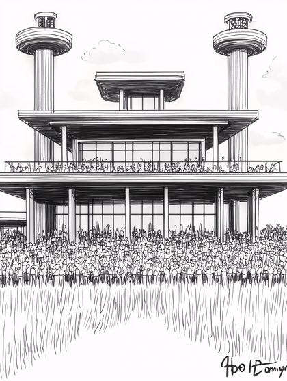 Crowd Watching Building with Towers Sketch