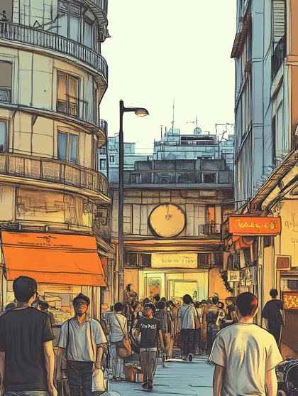 Crowded Urban Street Scene Illustration