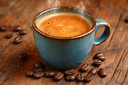 Cup Of Steaming Coffee With Beans